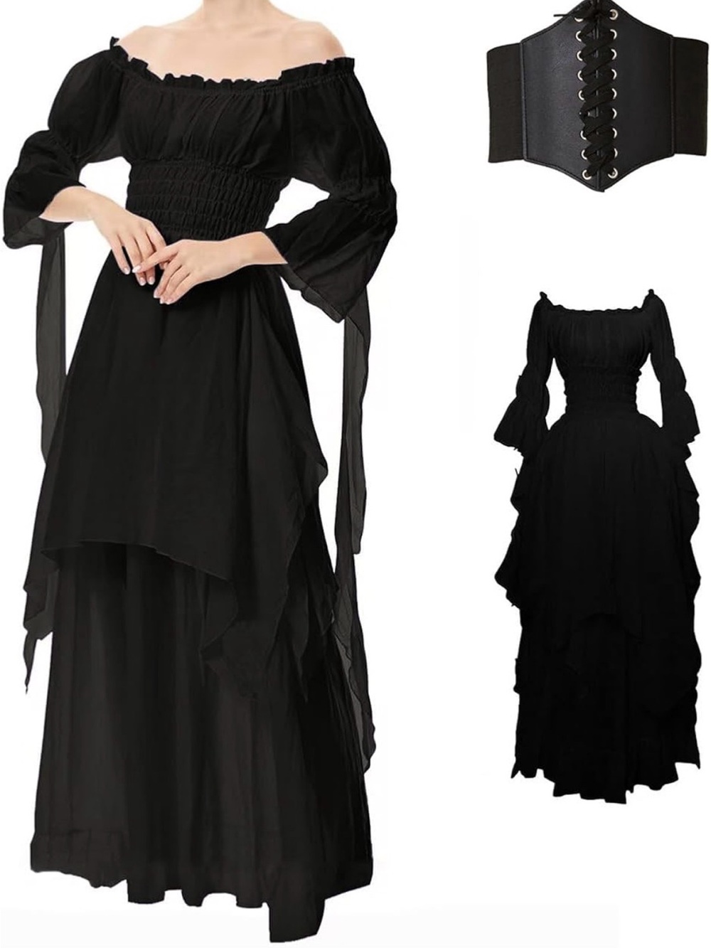 Off-Shoulder Black Gothic Maxi Dress with Bell Sleeves